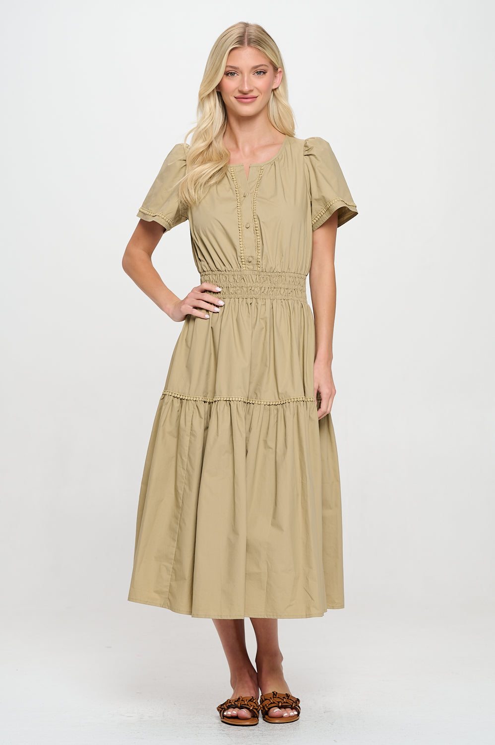 Taupe Poplin Croche Trim Maxi Dress