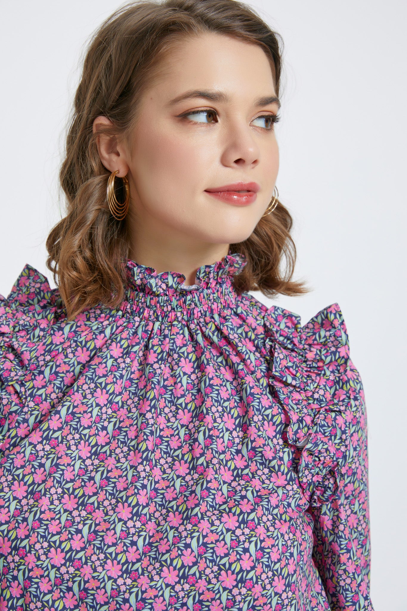 Pink Navy Ditsy days Ruffle Top