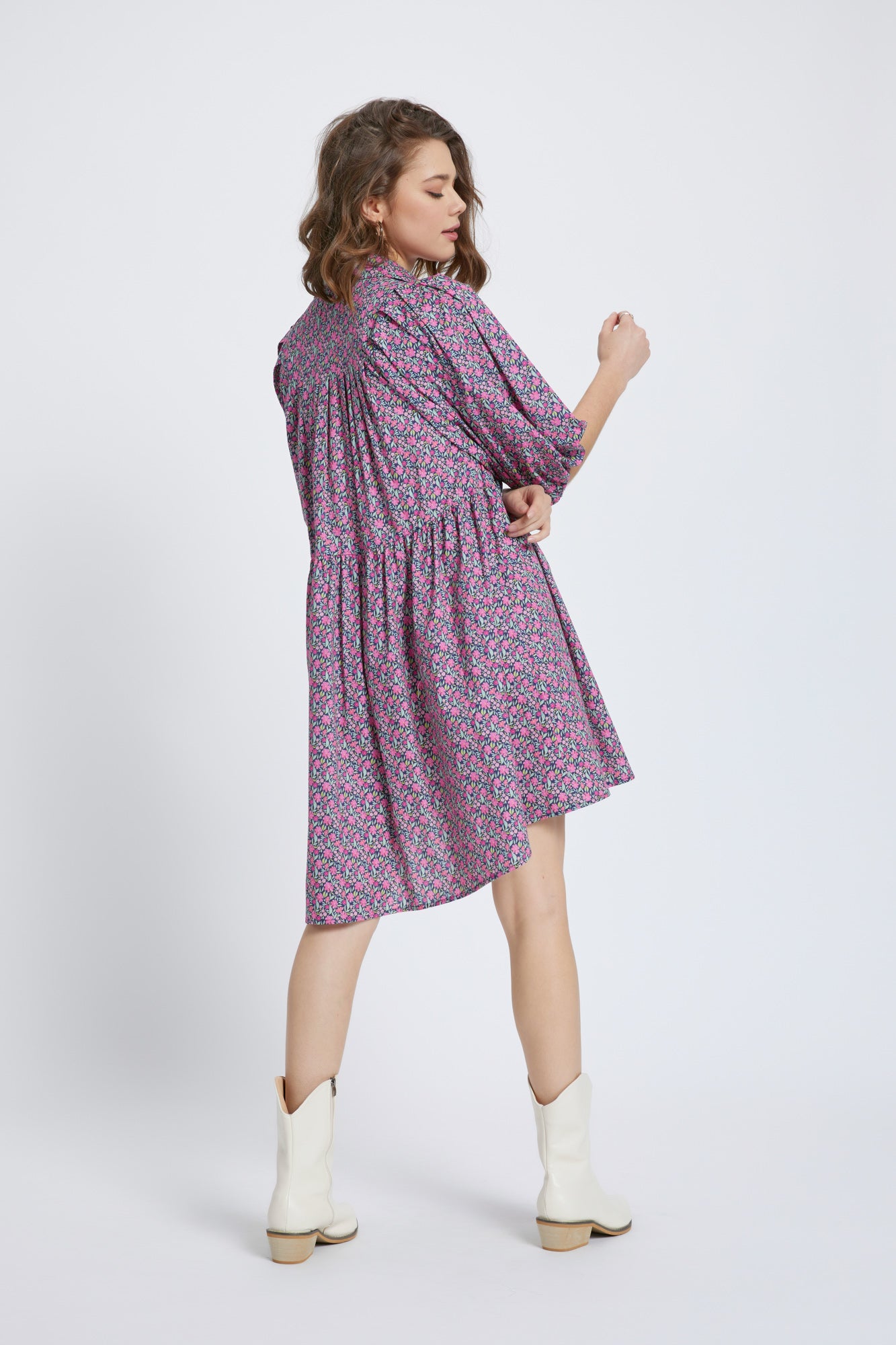 Pink Navy Ditsy Poplin Pleates Dress