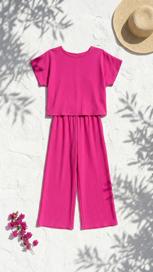 Fuchsia Spritz Set, Fuchsia Spritz, women's matching set, abstract print, resortwear style, feminine boutique style by Meet Me in Santorini