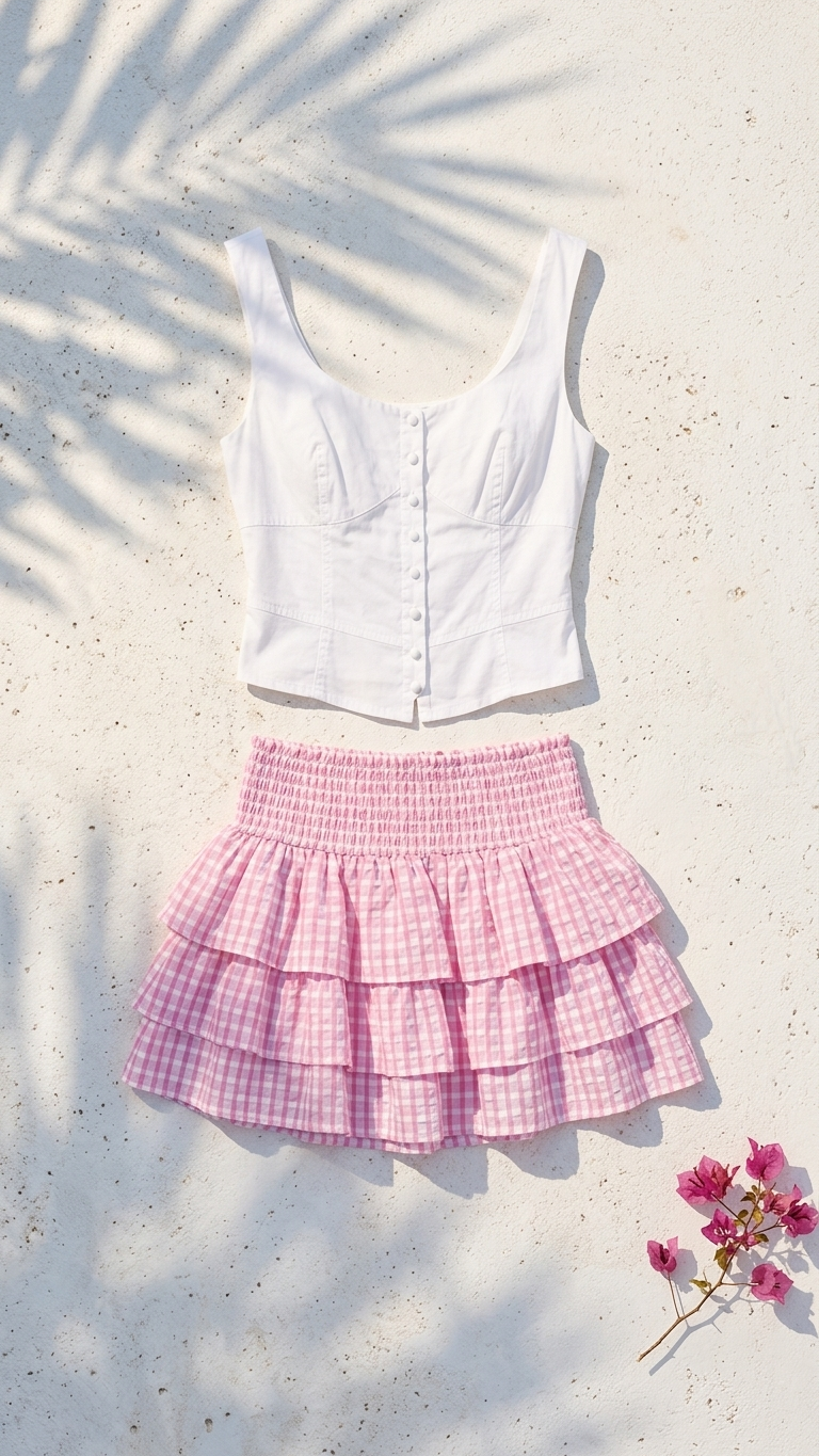 Pink Plaid Delilah Skirt, Pink Plaid Delilah, women's matching set, resortwear style, feminine boutique style by Meet Me in Santorini