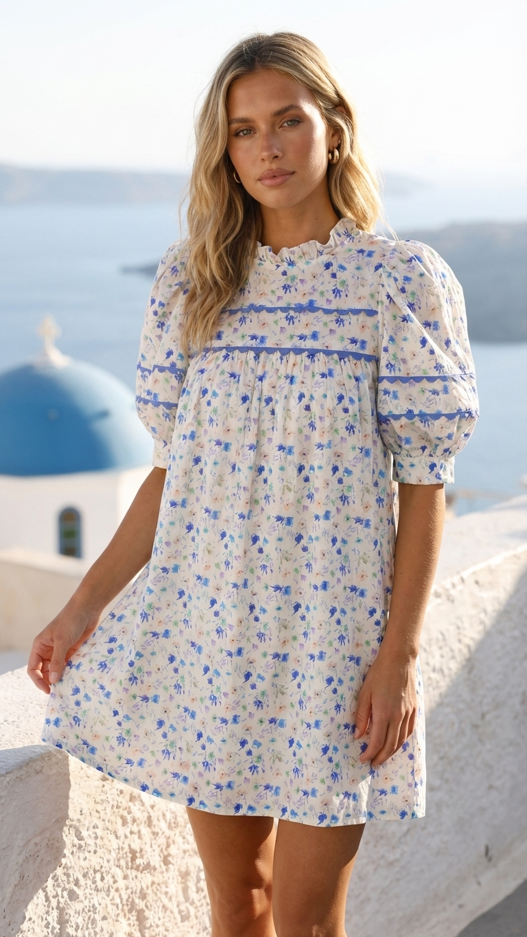 Aegean Bloom Short Sleeve Dress, Aegean Bloom Short, women's dress, floral print, resortwear style, feminine boutique style by Meet Me in Santorini