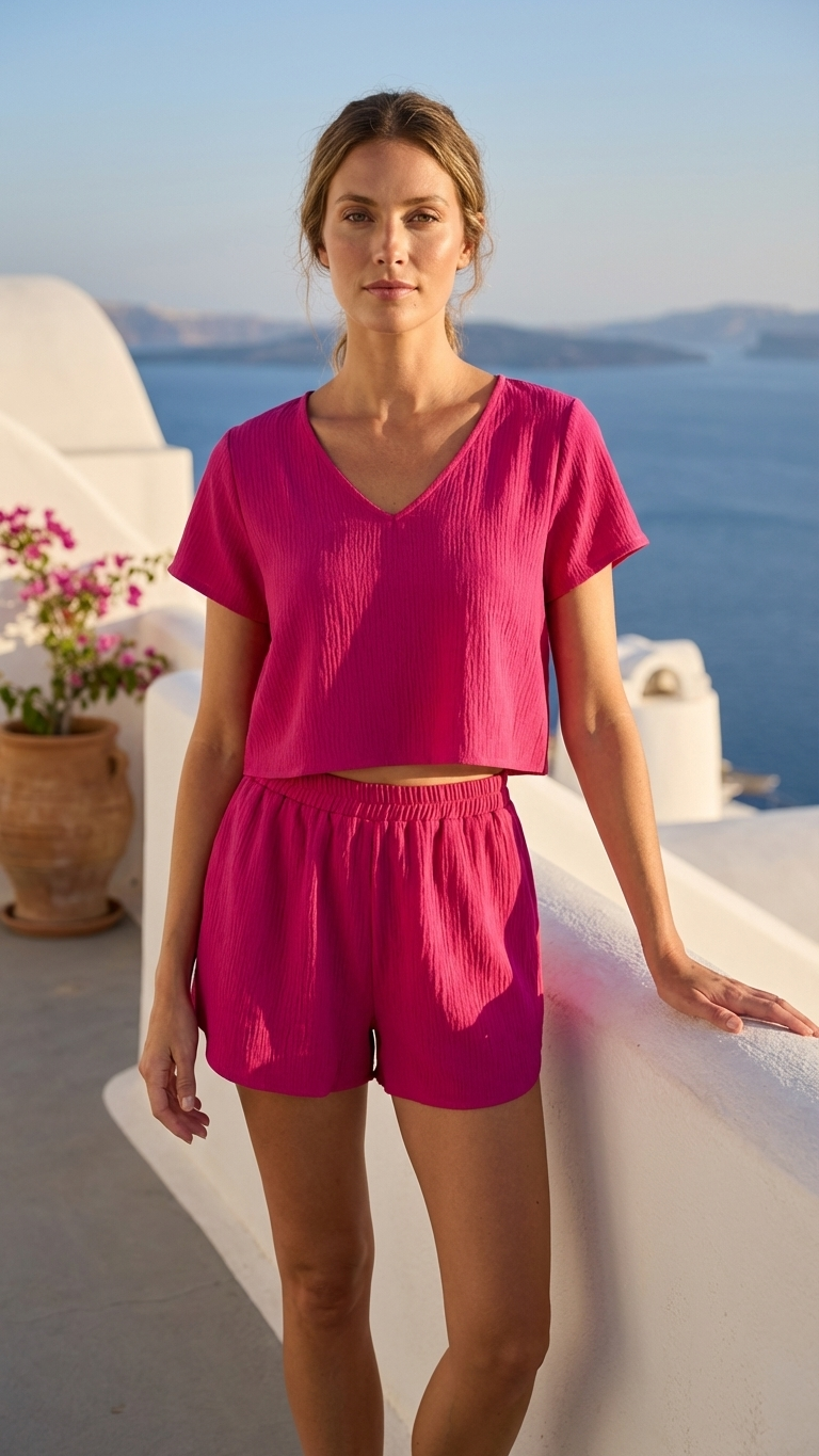 Fuchsia White Sands Set, Fuchsia White Sands, women's matching set, resortwear style, feminine boutique style by Meet Me in Santorini