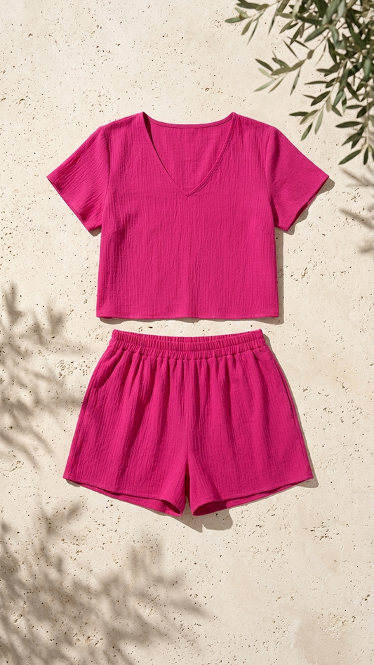 Fuchsia White Sands Set, Fuchsia White Sands, women's matching set, resortwear style, feminine boutique style by Meet Me in Santorini