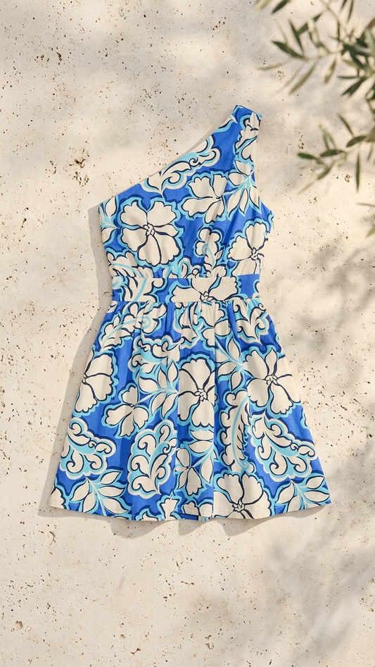 Azure Bloom One Shoulder Dress, Azure Bloom One, women's dress, floral print, abstract print, resortwear style by Meet Me in Santorini