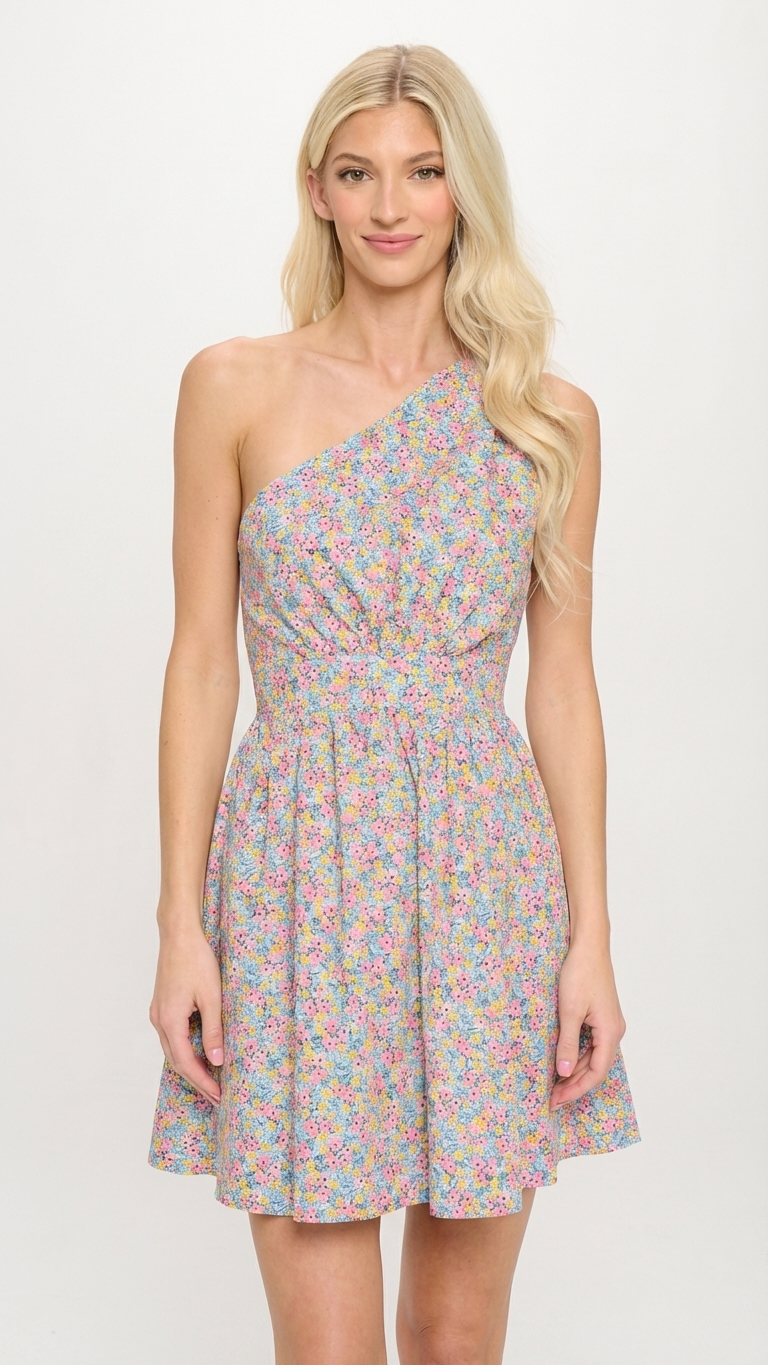 Mykonos Meadow One Shoulder Dress, Mykonos Meadow One, women's dress, floral print, resortwear style, feminine boutique style by Meet Me in Santorini