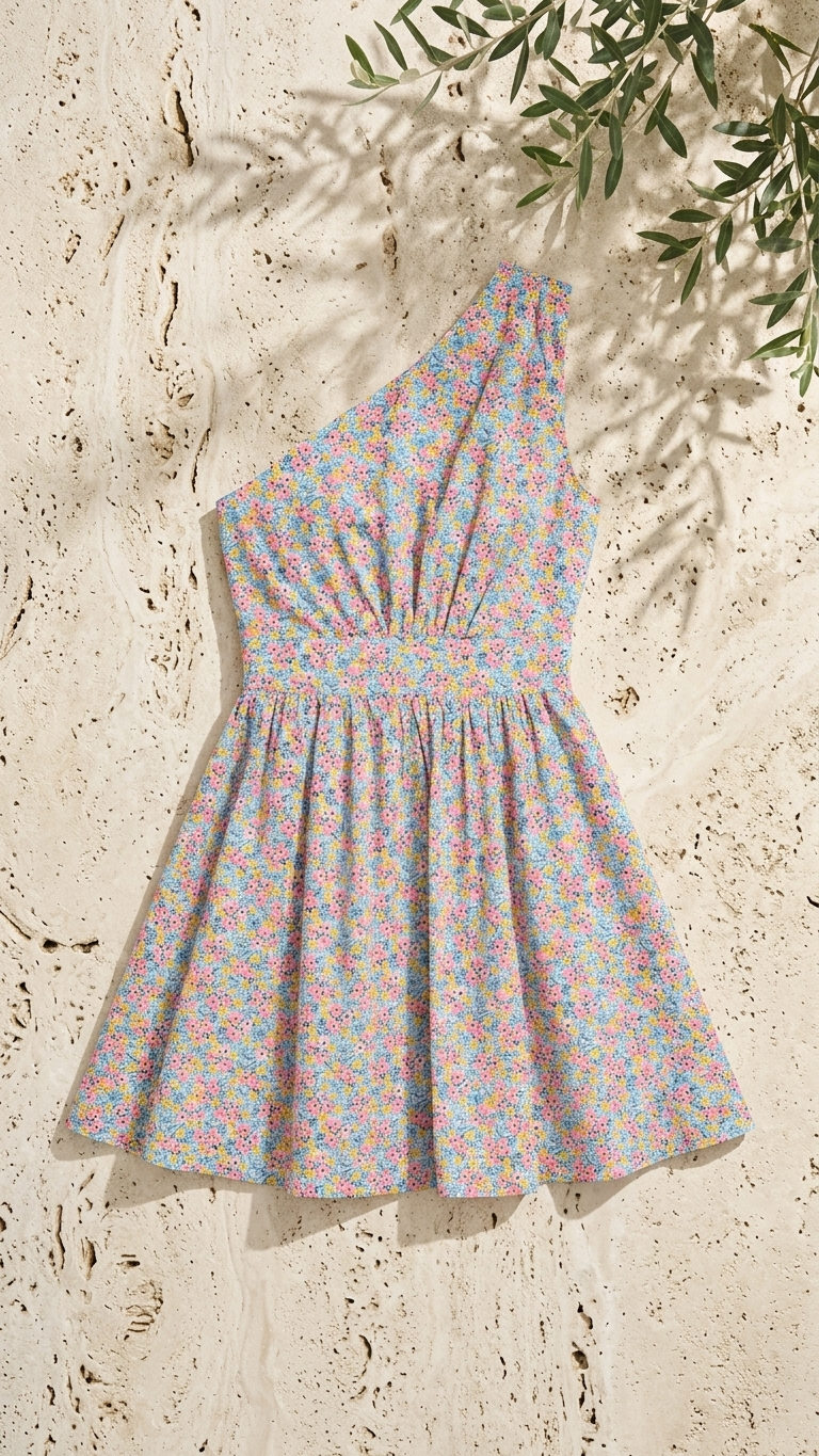 Mykonos Meadow One Shoulder Dress, Mykonos Meadow One, women's dress, floral print, resortwear style, feminine boutique style by Meet Me in Santorini