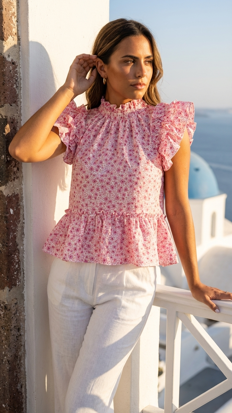 Tickled Pink Irene Top, Tickled Pink, women's top, floral print, abstract print, resortwear style by Meet Me in Santorini