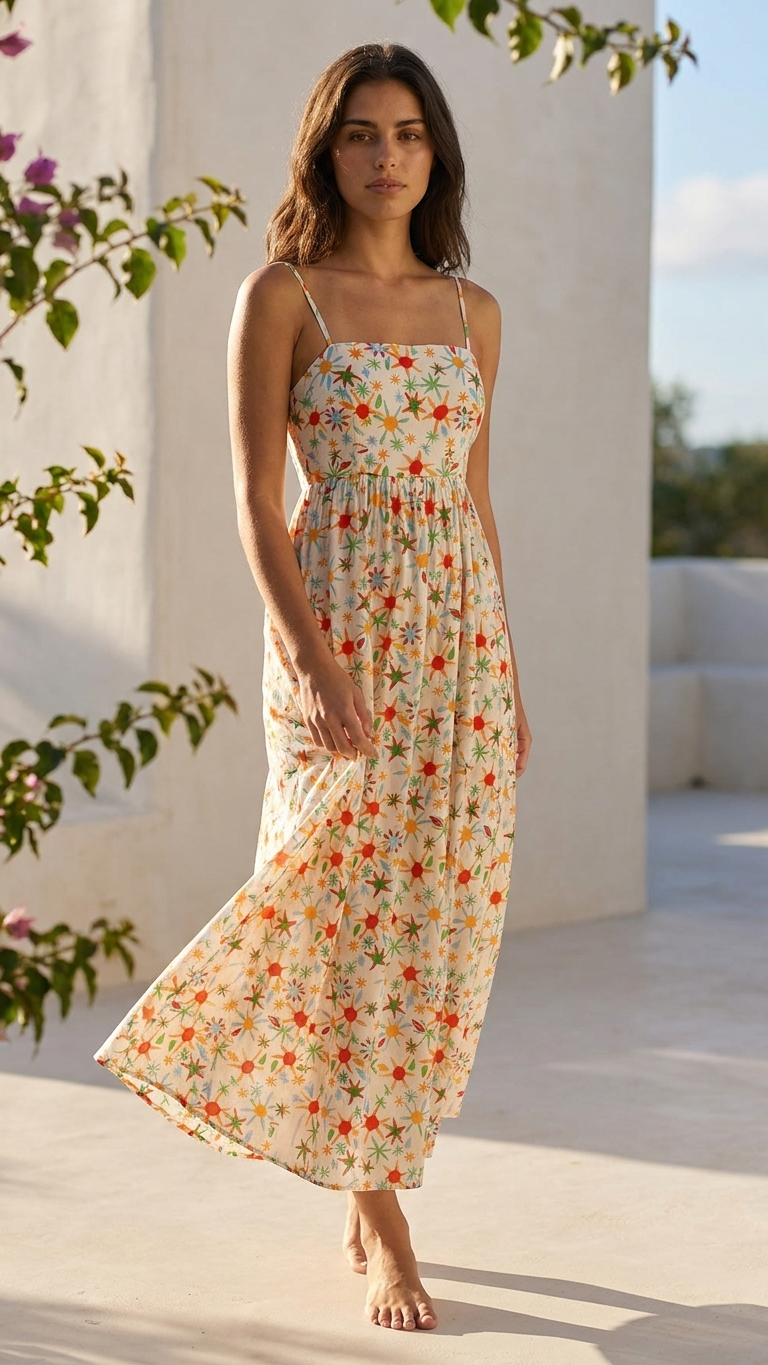 Aegean Daisy Maxi Dress, Aegean Daisy, women's maxi dress, abstract print, resortwear style, sleeveless silhouette by Meet Me in Santorini