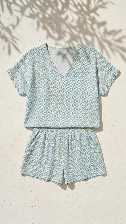 Creamy Ikat Set, Creamy Ikat, women's matching set, ikat print, abstract print, resortwear style by Meet Me in Santorini