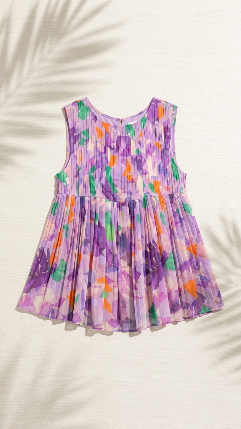Lilac Dreamscape Pleats Top, Lilac Dreamscape Pleats, women's top, floral print, resortwear style, sleeveless silhouette by Meet Me in Santorini