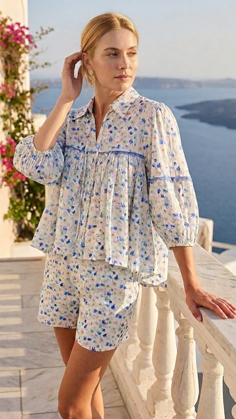 Aegean Bloom Long Sleeve Top, Aegean Bloom Long, women's top, floral print, resortwear style, feminine boutique style by Meet Me in Santorini